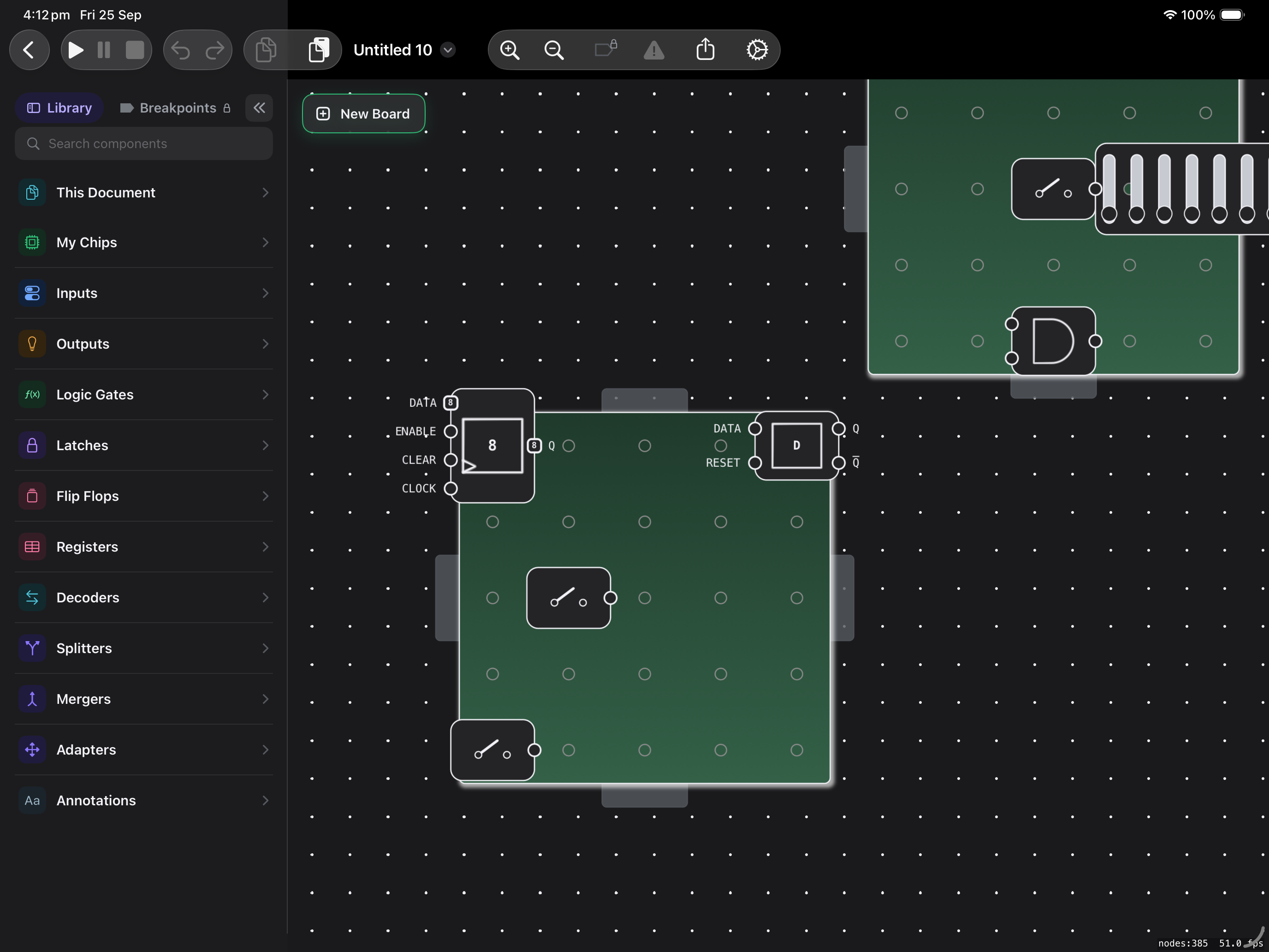 BitBuilder on iPad in dark mode, with a component library and digital logic workbench